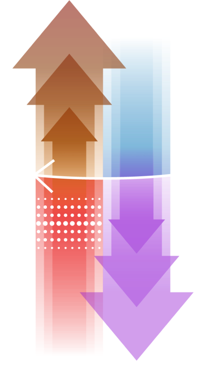 Flèche jaune vers le haut et flèche mauve vers le bas 